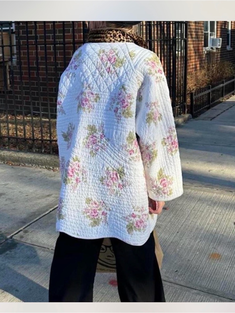White Quilted Floral Coat with Pink Roses